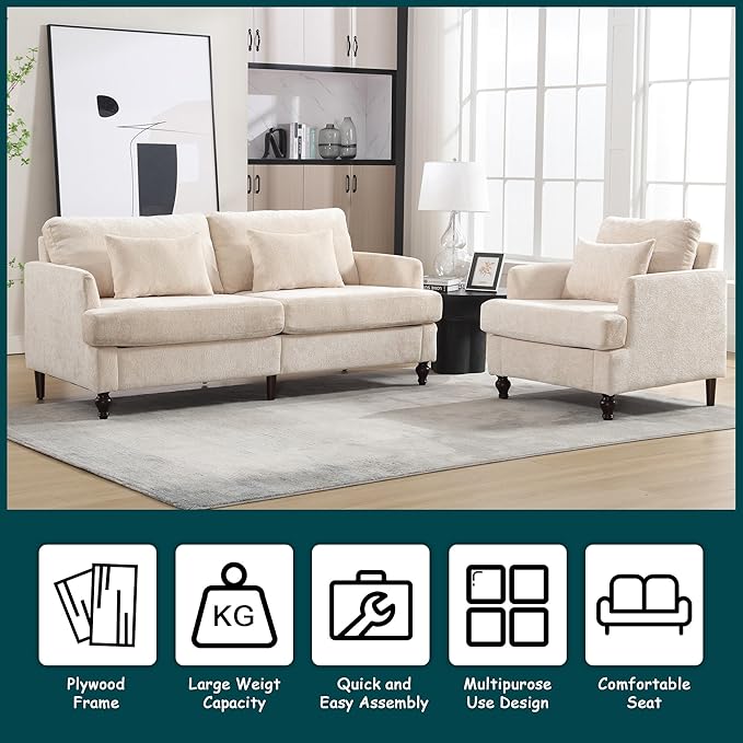 QQU Modern Upholstered Armchair Chenille Fabric Single Armchair with Cushions Living Room Lounge Chair Reading Chair with Solid Wood Frame Suitable for Bedroom Reception RoomBeige