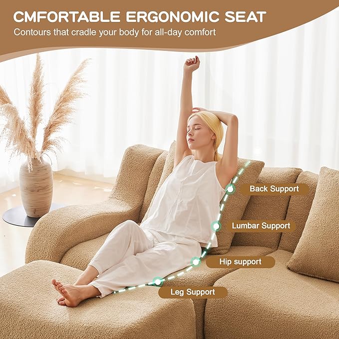Modular Sectional Sofa for Living Room 148 U-Shaped Cloud Couch with 2 Ottoman4-Seat Teddy Fabric Boneless Sofa Deep Seat Curved ArmrestStreamlined Ergonomic Design No Assembly