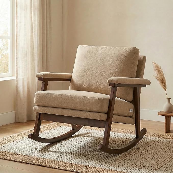 Rocking Chair for Nursery Living Room &amp Bedroom Upholstered Accent Chair with Solid Rubberwood Frame Cozy Reading Chair for Small Spaces (Khaki)