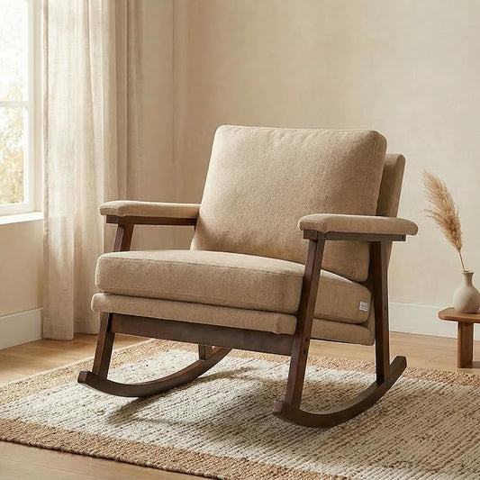 Rocking Chair for Nursery Living Room &amp Bedroom Upholstered Accent Chair with Solid Rubberwood Frame Cozy Reading Chair for Small Spaces (Khaki)