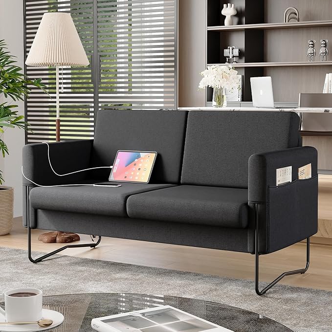 STHOUYN Small Black Love Seat Couches with USB Port &amp Side Pocket Small Loveseat for Small Spaces Mini Sofa for Bedroom 2 Seater Office Couch (Black)