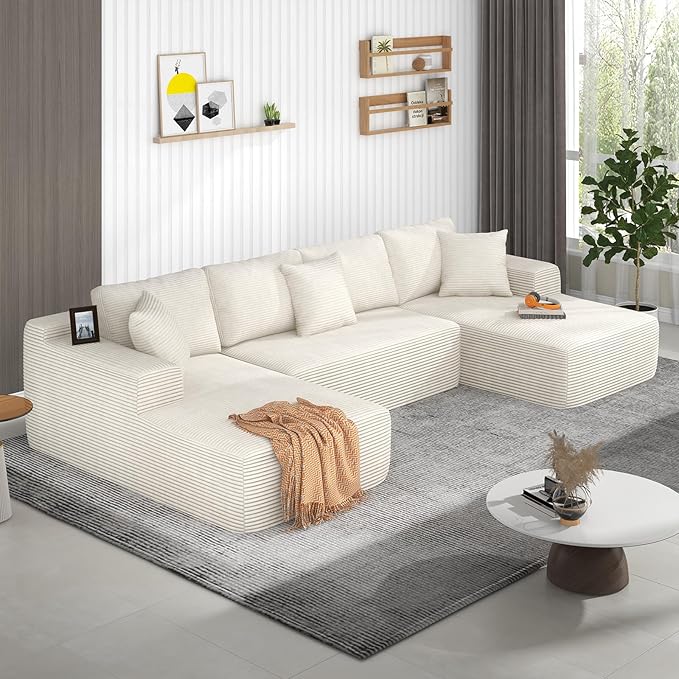 Verano Garden 133 U-Shaped Modular Sectional Sofa Modern Cloud Couch with Double Chaise Comfy Corduroy Couch with Memory Foam Deep Seat Floor Sofa No Assembly Required (Cream White)