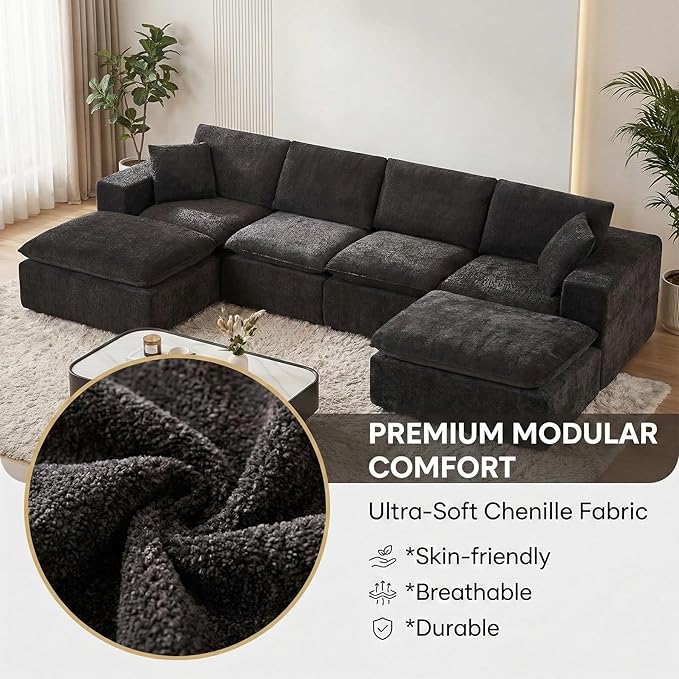Luxury Modular Sectional Sofa with 2 Ottomans 6-Piece Oversized Cloud Couch Black Chenille Fabric Boneless Sofa for Living Room &amp Bedroom | Boneless Couch Chenille Fabric Sectional Sofa