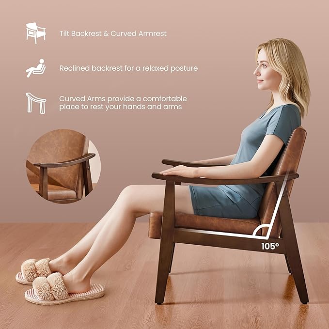 Yaheetech PU Leather Accent Chair Mid-Century Modern Armchair with Solid Wood Legs Reading Leisure Chair with High Back for Living Room Bedroom Waiting Room Brown