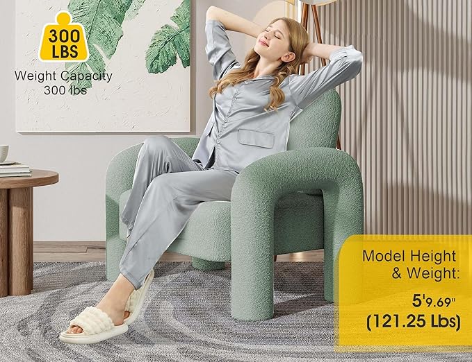 Modern Sherpa Accent Chair Teddy Upholstered Arm Single Sofa Cozy Fluffy Reading Chair for Living Room Bedrooms Corner (Mint Green)
