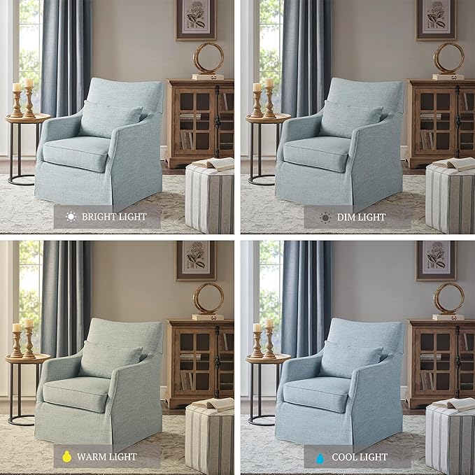Martha Stewart London Swivel Chair - Solid Wood &amp Plywood Skirted Metal Base Accent Armchair Lumbar Pillow -Modern Classic Family Room Sofa Furniture Bedroom Lounge 28X31.5X35.25 Light Blue