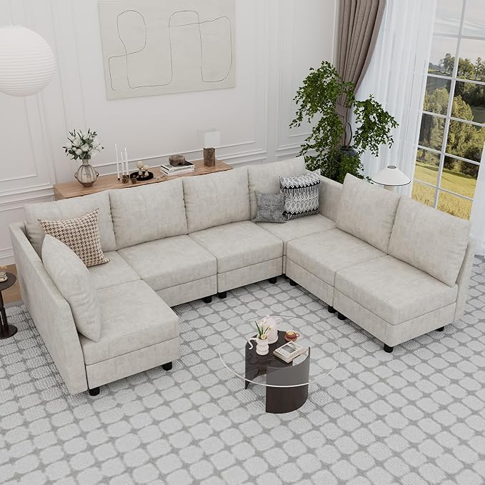 Fiona's magic Modular Sectional Sofa Set 7 Seats Sleeper Sofa Couch with Storage Sectional Sofa Couch with USB Charging Port Modern Comfy Chenille Couch for Living Room Beige