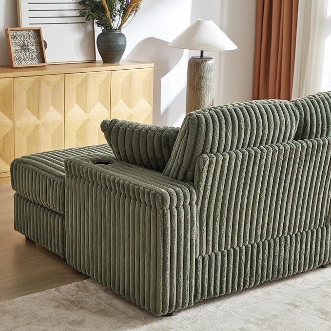 84 Cloud Sectional Couch Plush Corduroy Sofa with 2 Ottoman 2storage Spaces and Cup-Holding 3-Seat Memory Foam Cloud Couch sectional couches for Living Room Apartment (Army Green)