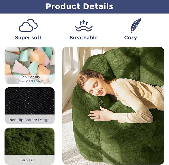 MAXYOYO Bean Bag Chair for Adults Loveseat Floral Shaped Bean Bag Sofa Ultra Soft Love Seat Mini Sofa Couch Faux Fur Reading Chair for Living Room Bedroom Green