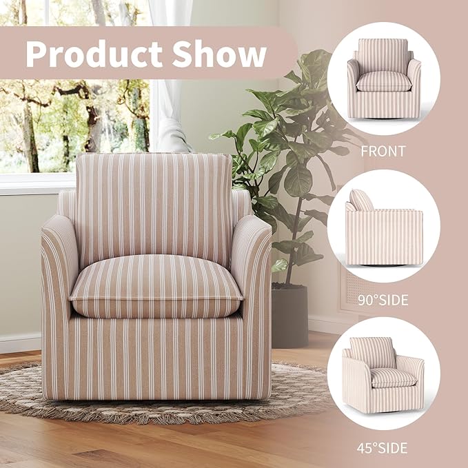INZOY Swivel Accent Square Chair with Thick Padded Backrest Cushion Swivel Reading Chair for Living Room Bedroom Small Spaces Brown Stripe