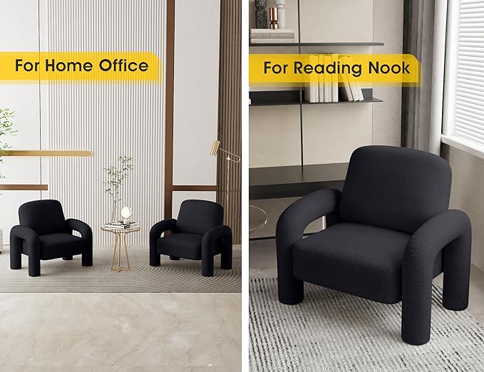 Modern Sherpa Accent Chair Teddy Upholstered Arm Single Sofa Cozy Fluffy Reading Chair for Living Room Bedrooms Corner (Black)