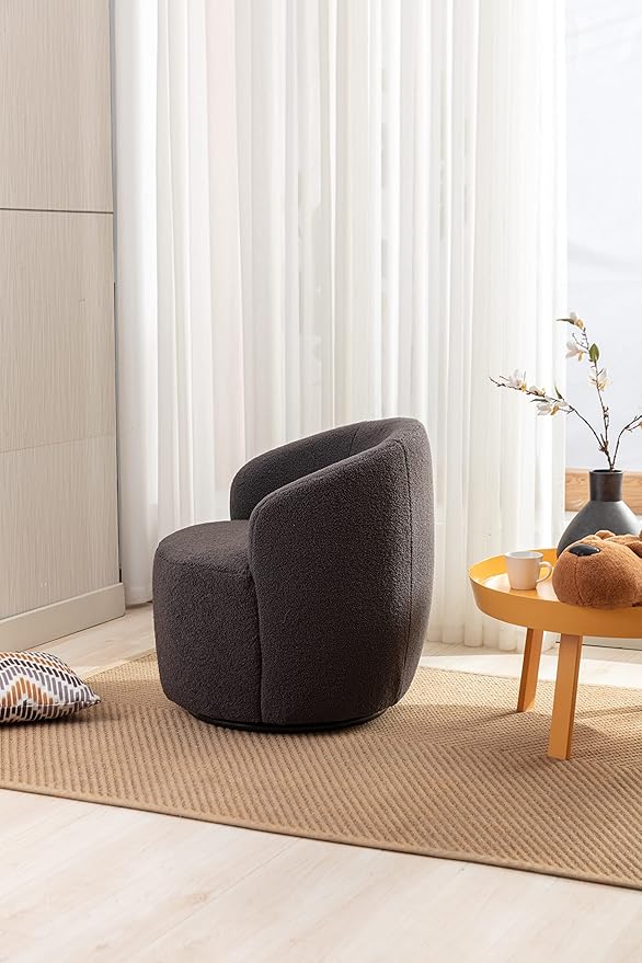 kevinplus Swivel Barrel Chair Accent Armchair for Living Room Bedroom 360 Degree Modern Round Upholstered Single Sofa Couch Chair Cozy Small Swivel Chair for Apartment Teddy Fabric Dark Grey