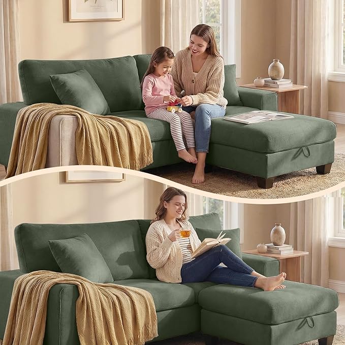 DOPEDIO L-Shaped Sectional Sofa with Storage Ottoman Modern Chenille Recliner Loveseat Removable Couch Covers Pocket Spring Cushions Solid Wood Frame Easy to Install (88.58inch Green)