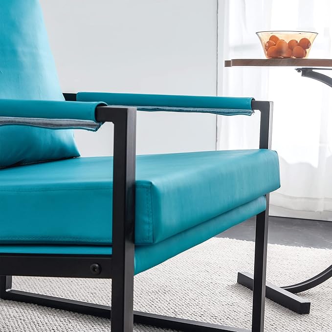 Sofa PU Leather Accent Arm Chair Mid Century Modern Upholstered Armchair with Metal Frame Extra-Thick Padded Backrest and Seat Cushion Sofa Chairs for Living Room (Cyan PU Leather + Metal + Foam)