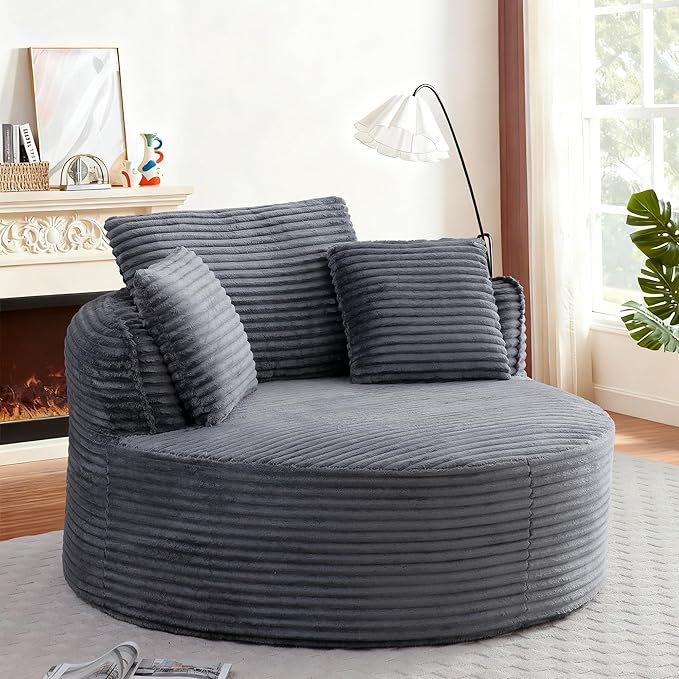 53W Oversized Round Chair Lounge Chaise Indoor Corduroy Comfy Circle Reading Armchair Upholstered Modern Cloud Boneless Chairs Cozy Floor Sofa Chair for Living Room Bedroom Apartment(Grey)