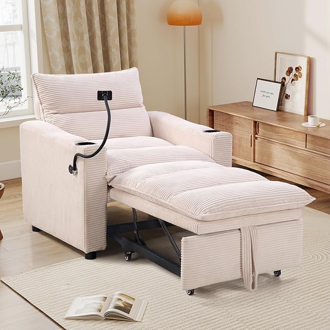 EBELLO Convertible Small Sleeper Sofa Chair 3-in-1 Corduroy Futon Sofa Bed 1 Seater Couch Daybed with Charging Ports Phone Cup Holders Adjustable Backrest for Small Living Room Beige