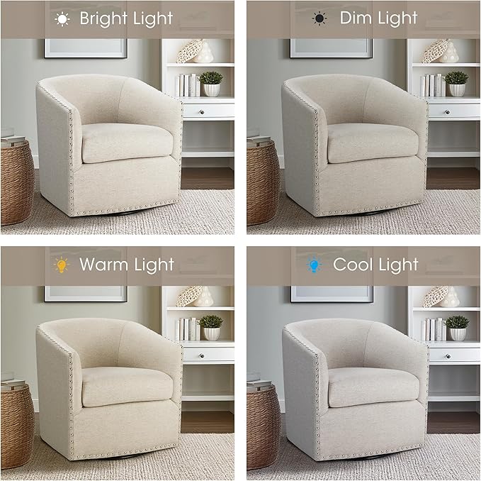 Madison Park Swivel Barrel Accent Chair Upholstered Curved Back with 7-Inch Thick Woven Cushion 360° Swivel Nailhead Trim Comfy Chair for Living Room Bedroom Office 28 Wide Neutral Tyler