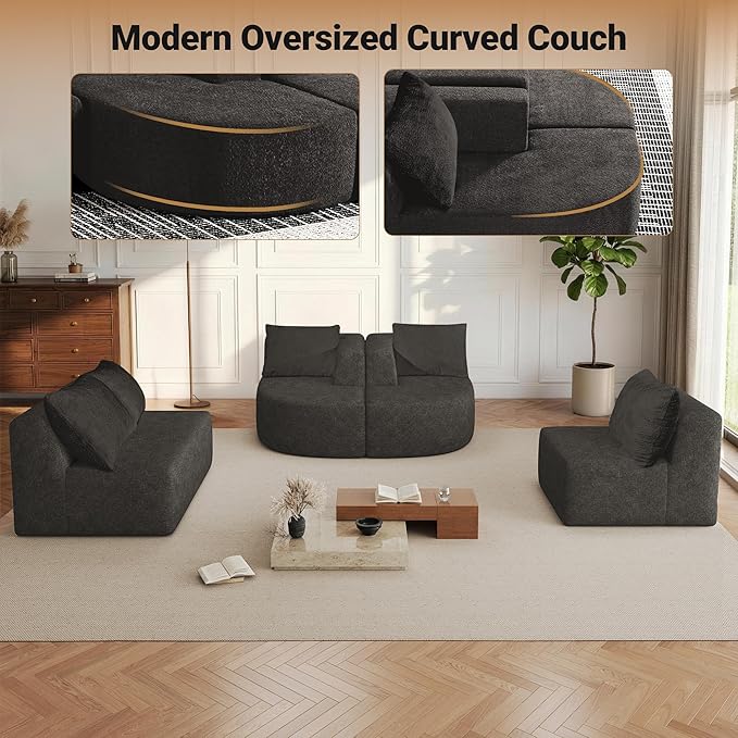 144 Modular Sectional Sofa No Assembly Required U-Shaped Cloud Couch with Chaise Modern Curved Boneless Sofa in Luxurious Boucle Fabric Deep Seats Memory Foam (Dark Grey) | Zero-Assembly Design