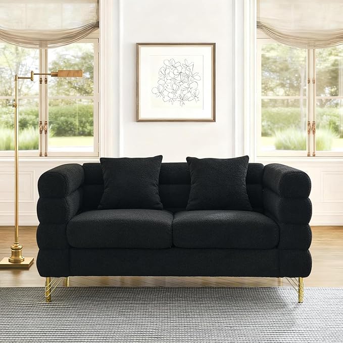 Loveseat Modern Sofa 60 Teddy Boucle Comfy Cloud Couch Upholstered Deep 2 Seater Sherpa Couch Set with Stylish Metal Legs for Living Room Home Office Bedroom Apartment Black