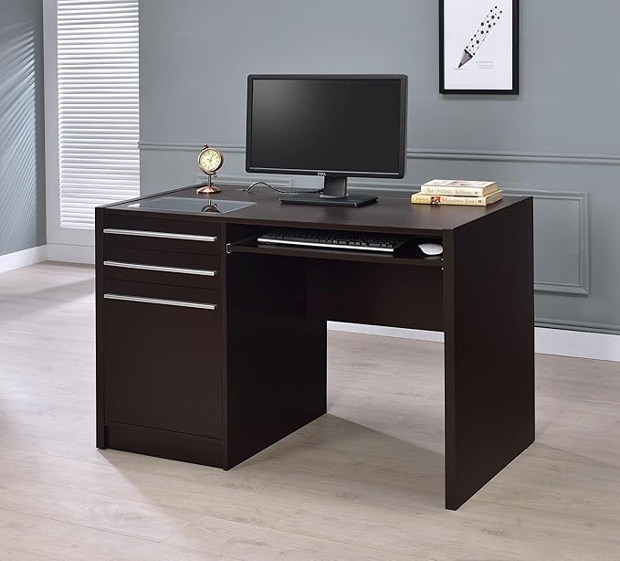 Coaster Home Furnishings - Halston - Engineered Wood - 47-Inch Computer Desk with Drawers Door Cabinet &amp Lift-Top Storage Tempered Glass Top Contemporary Style - Home Office - Cappuccino - 8007