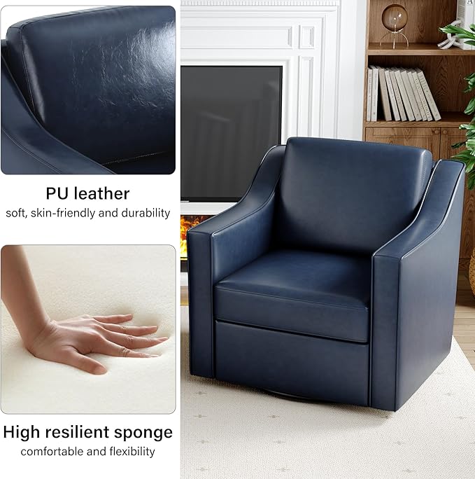 Swivel Accent Chair Modern Round Barrel Arm Chair for Living Room Bedroom Comfy Club Reading Chairs for Adults (Leather Navy Blue Set of 2)