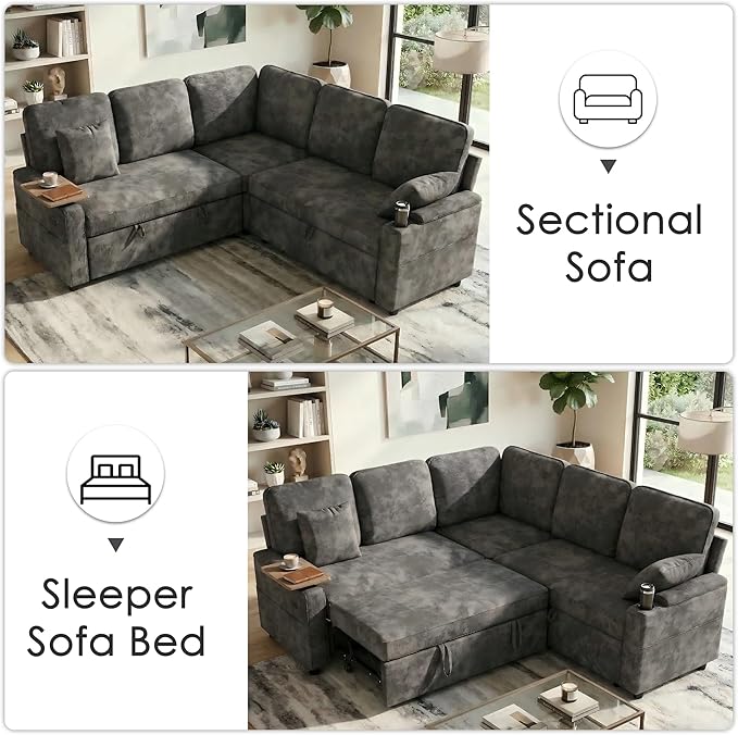 81 Modular Sectional Sofa L Shaped 5-Seater Sleeper Sofa with Pull Out Bed Hidden Storage Cup Holders &amp USB Charging Ports Sectional Couches for Living Room Chenille Grey
