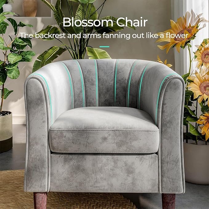 LINSY Accent Chair Set of 2 Velvet Barrel Chair with Ottoman Modern Comfy Small Armchair for Small Spaces Reading Room Living Room Bedroom Kids Room Office Grey