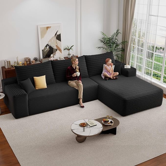 107.5 Cloud Sectional Couch with L-Shape Chaise Corduroy Boneless Couch for Living Room Modern Memory Foam Sofa with Deep SeatNo Assembly Required(Jet Black-Right Facing Chaise)