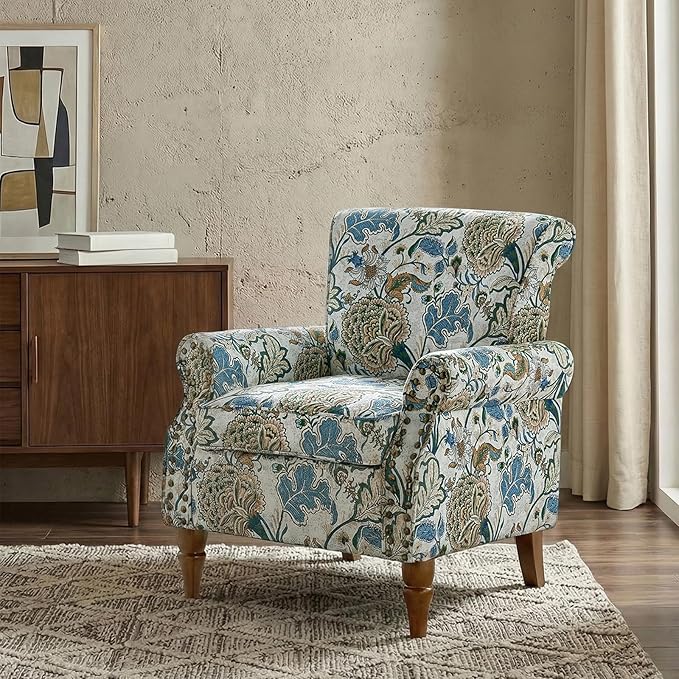 Wingback Accent Chair with Wood Legs Modern Comfy Upholstered Armchair with Removable Cushion and Nailhead Trim Floral Pattern Single Sofa Reading Chair for Living Room Bedroom