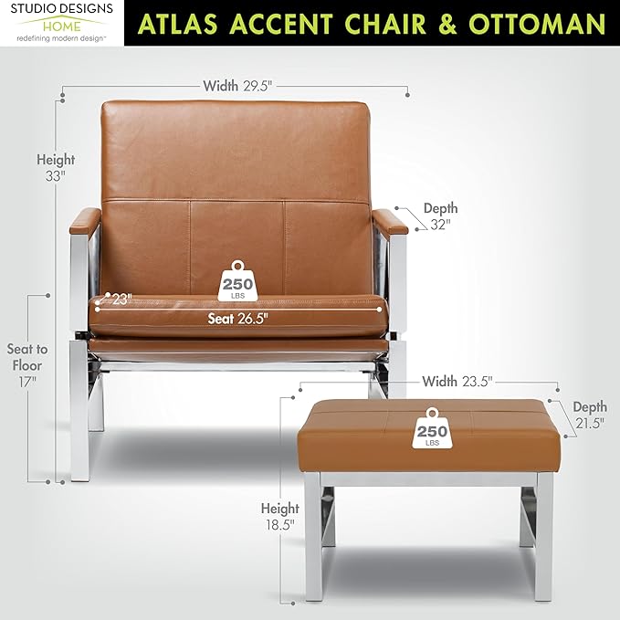 Atlas Bonded Leather Accent Chair with Ottoman Set Mid-Century Modern Lounge Chair &amp Footrest with Chrome Legs for Living Room or Office Guest Seating Chrome/Caramel