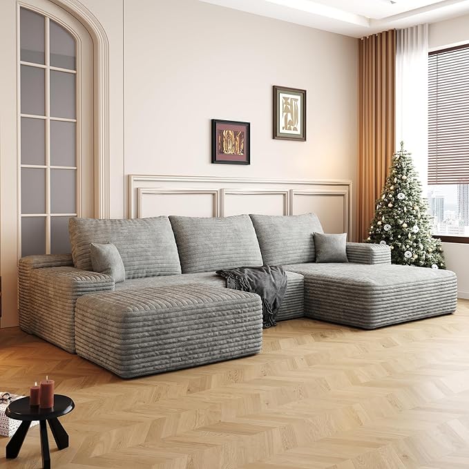108 Corduroy Sectional Boneless Cloud Couch with Chaise No Assembly Required L Shaped Modular Sectional Sofa Oversized Cozy Fluffy Sofa for Living Room (Grey Right Facing Chaise+Ottoman) | Compre