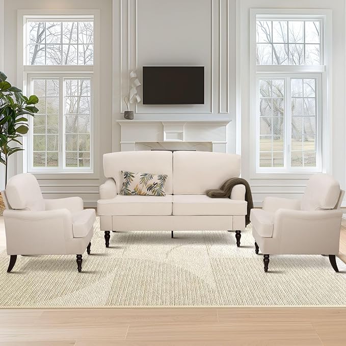 Sophia &amp William Living Room Chair Set of 2 Upholstered Accent Chair with Wood Legs Comfy Linen Fabric Armchair Off-White