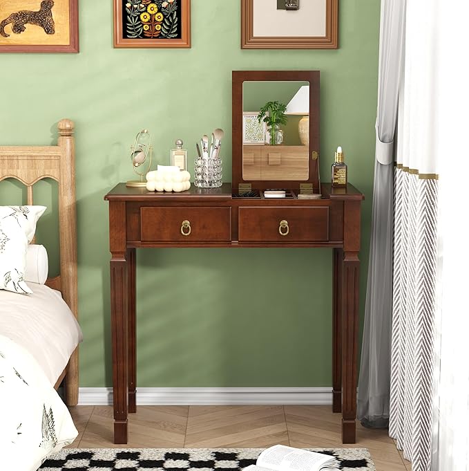 LEEMTORIG 31.5 Solid Wood Small Vanity Desk with Flip-top Mirror Compact Wooden Writing Desk with Drawers 3 in 1 Secretary Desk/Dressing Table/Nightstand for Small Space Cherry Walnut SZT-D0036