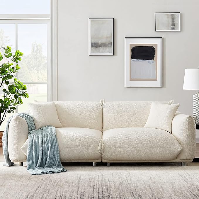 Hison Modern 86 Inch White Lambswool Sofa 3 Seater Upholstered Couch with Solid Wood Frame Deep Seat Comfortable &amp Sturdy