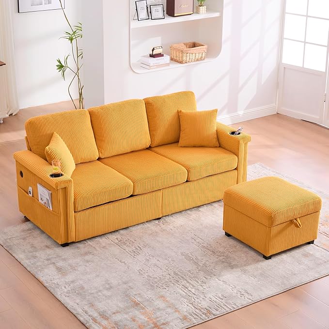 76'' Sectional Sofa Couches for Living Room 3 Seat L-Shaped Couch with Storage &amp Ottoman Corduroy Convertible Sofas with Chaise Apartment with USB Charging Cup Holder (Mustard Yellow)