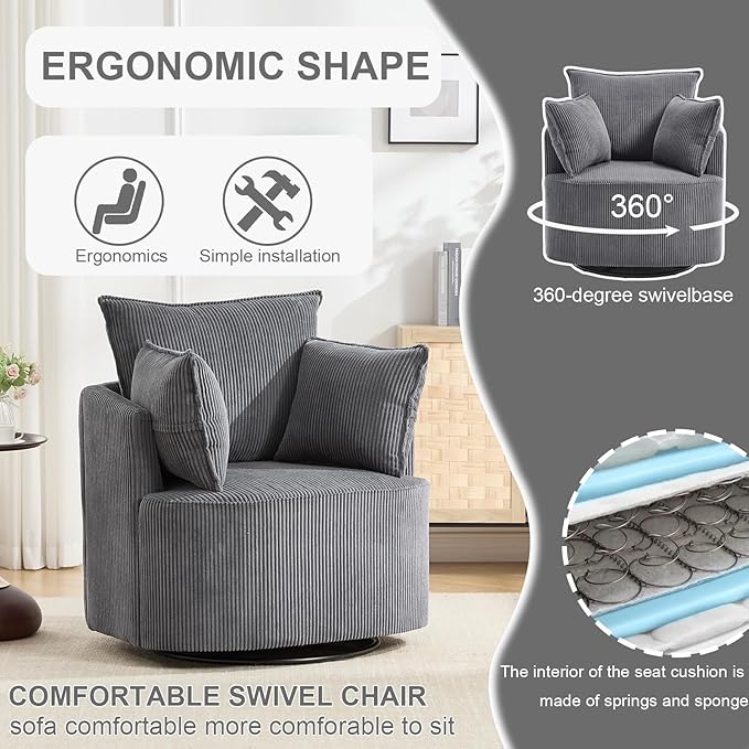 Swivel accent chairSwivel barrel chairReclining armchairs for bedrooms Swivel chairUpholstered Living Room Chair Corduroy Reading Chair Single Sofa Chair for Bedroom Apartment Office(Modern Grey)