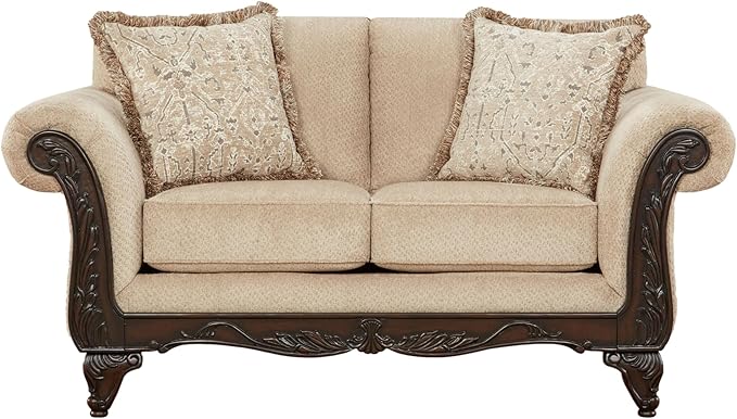 Hernen Carved Wood Frame Loveseat Beige Wheat