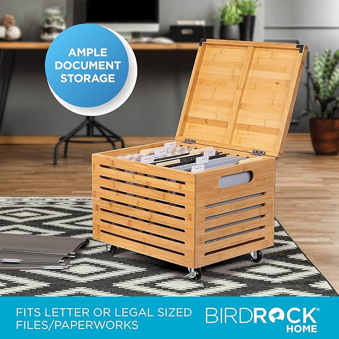 BIRDROCK HOME Rolling File Storage Organizer Box with Lid (New Version) - Bamboo Decorative Wood Hanging File Box for Letter/Legal Documents Binders Blankets - Durable Office Organizer - Natural
