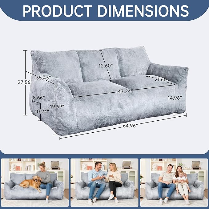 Faux Fur Loveseat Couch Oversized Lounge Sofa for Adults Fluffy Lazy Sofa with Soft Stuffed Filling Big Comfy Couch Boneless Couches for Living Room Bedroom Light Gray Blue