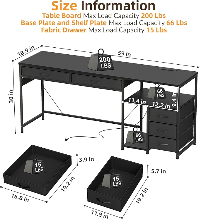 YOSHOOT 60 Computer Desk with 5 Fabric Drawers - Gaming Desk with Storage and Power Outlets Home Office Desk for Adults and Teenagers Working Writing Study Black