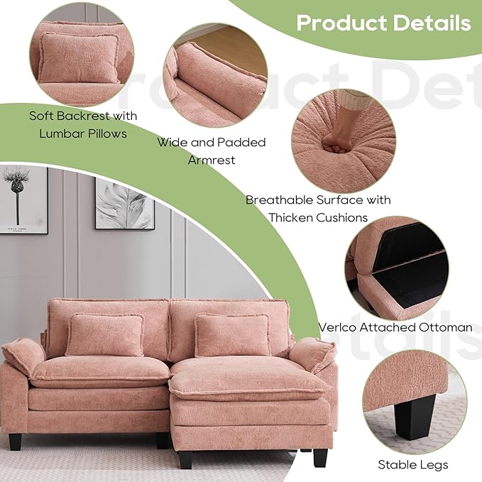 86 Modular Sectional Sofa Comfy Cloud Couch Sectional Sofa with Ottoman Chenille Sofa Sleeper Deep Seat Sofa with Throw Pillows for Living Room (Pink 86- L Shape)