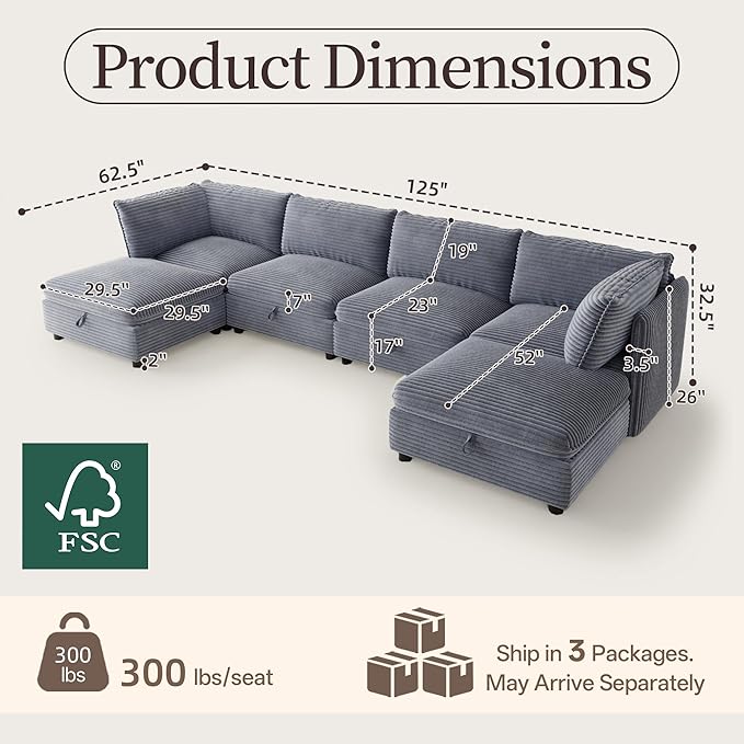 Oversized Corduroy Modular Sectional Couch with Hidden Storage Modern 6-Seater L/U Shaped Sofa Modular Sectional Sofa with Removable Covers &amp Ottoman for Living Room Apartment Gray