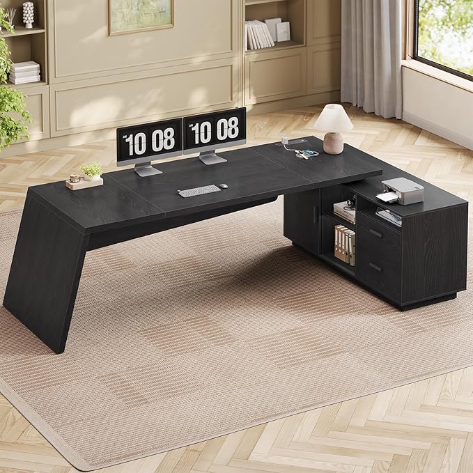 78 inch L Shaped Executive Desk with Power Outlets Large Home Office Desk with Storage Drawers and File Cabinet Modern Computer Desk with Shelves Black Business Furniture