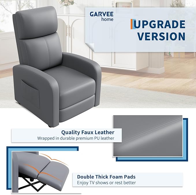 Garvee Recliner Chair for Adults Set of 2 PU Leather Lazy Recliner Ergonomic Adjustable Single Sofa Enhanced with Side Pocket Tall Back Wide Arms &amp Padded Seat Home Theater Seating for Living R
