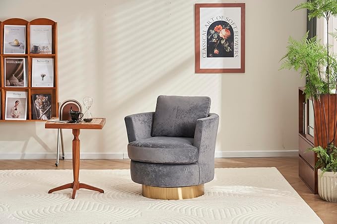 Velvet Swivel Barrel Chair Swivel Accent Chairs Armchair for Living Room Reading Chairs for Bedroom Comfy Round Barrel Chairs with Gold Stainless Steel Base (Grey)