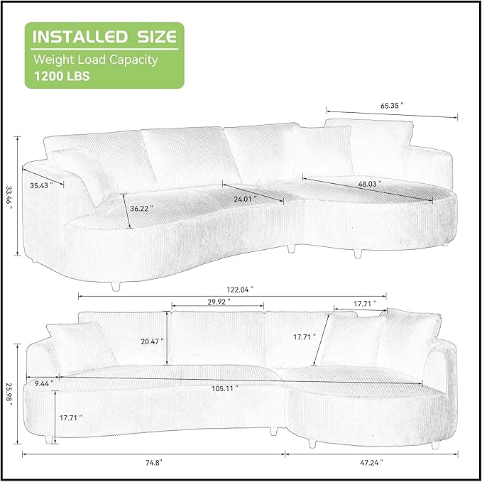 KEVINSPACE 122.04 Curved Sofa Modern Curved Couch Living Room Modular Sectional Sofa Set 4 Seat Sofa Mid Century Upholstered Couch Corduroy Fabric Sofa for Bedroom Apartment Right Hand Facing White