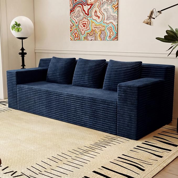 Boneless Couches for Living Room 71 Modern 3 Seater Sofa with Deep Seat Comfy Cloud Sofa with Corduroy Fabric No Assembly Couch Couches for Bedroom Dorm Apartment (Blue)
