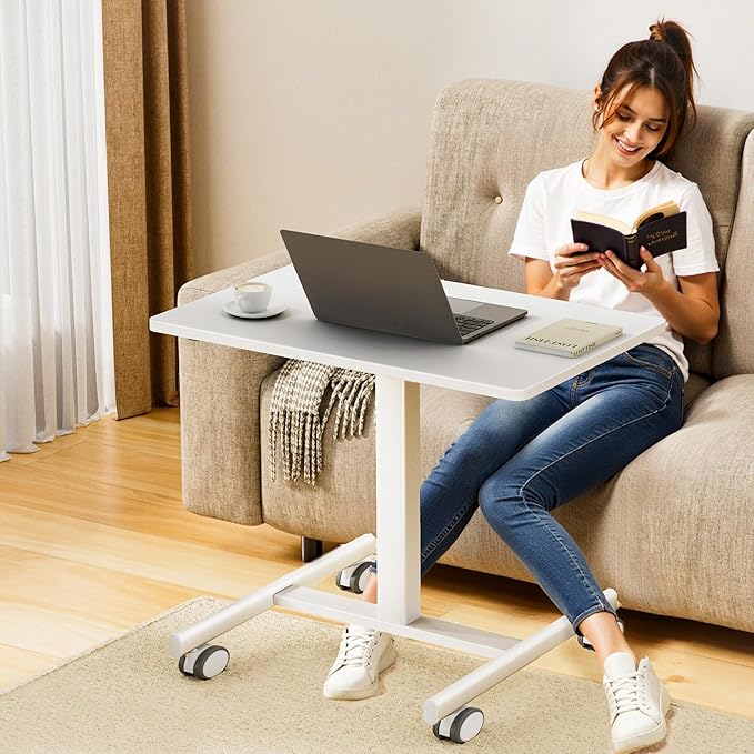 Mobile Laptop Standing Desk Adjustable Height Small Mobile Desk Workstation with Wheels Portable Rolling Computer Desk Cart for Home Office Classroom (White)