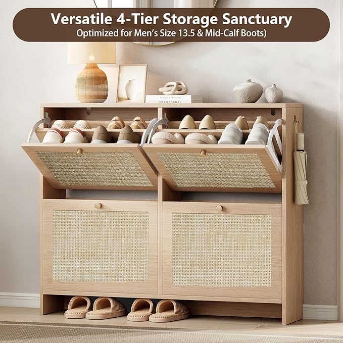 Nicetree Shoe Cabinet Storage for Entryway 4-Flip Drawer Narrow Shoe Rack Organic Modern Rattan Shoe Organizer with Gold Legs Shoe Organizer Fits Men's Size 13.5 Sun-Drenched Amber Oak
