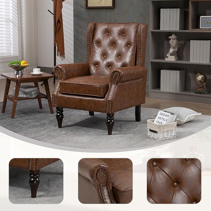 Brown PU Leather Accent Chair Mid-Century Modern Living Room Chairs with Wingback Comfy Upholstered High Back Single Sofa Bedroom Reading Armchair with Solid Wood LegsEasy Assemble (Brown)